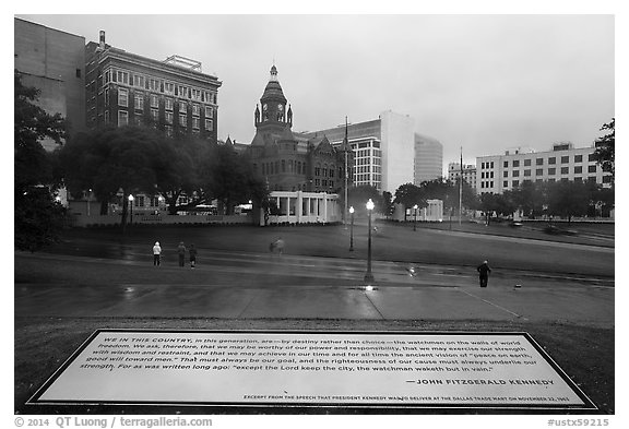 Sign commemorating JFK on assassination site. Dallas, Texas, USA (black and white)