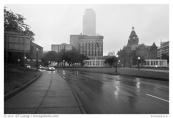Dealey Plazza in the rain. Dallas, Texas, USA (black and white)