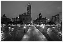 Dealey Plazza and skyline at dusk. Dallas, Texas, USA ( black and white)