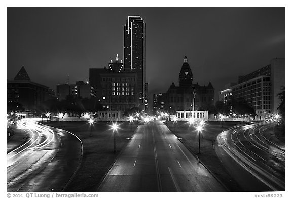 Dealey Plazza and skyline by night. Dallas, Texas, USA (black and white)