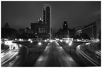 Dealey Plazza and skyline by night. Dallas, Texas, USA ( black and white)
