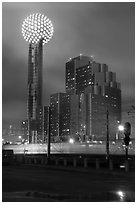 Reunion Tower and passing train at night. Dallas, Texas, USA ( black and white)
