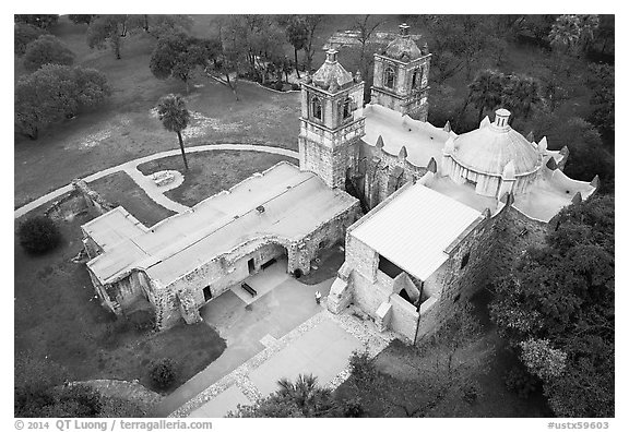 Aerial view of Mission Concepcion. San Antonio, Texas, USA (black and white)