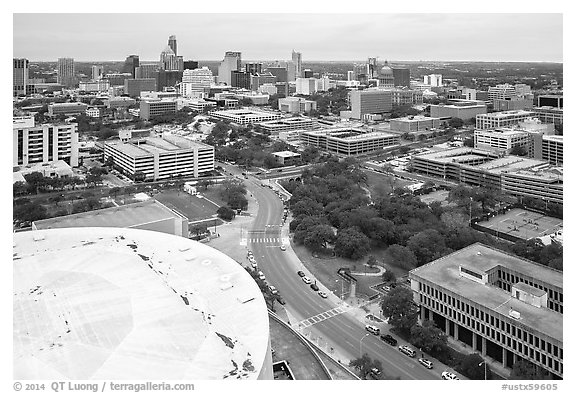 Aerial view of Austin skyline from above Frank Erwin Center. Austin, Texas, USA (black and white)