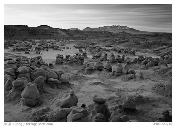 Goblins and snowy mountains at sunrise, Goblin State Park. Utah, USA (black and white)