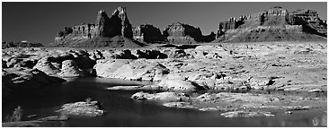 Lake Powell and cliffs, Glen Canyon National Recreation Area, Arizona. USA (Panoramic black and white)