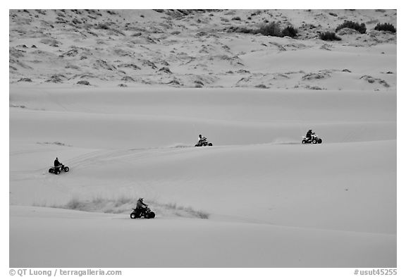 Four-wheelers on dunes, Coral pink sand dunes State Park. Utah, USA (black and white)