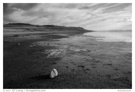 Muddy beach, Antelope Island State Park. Utah, USA (black and white)