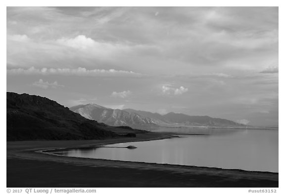Sky, shoreline and hills, Antelope Island, Great Salt Lake,. Utah, USA (black and white)