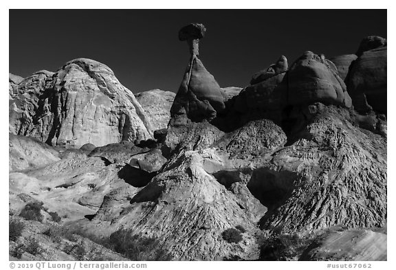 Badlands and caprock sandstone spires. Grand Staircase Escalante National Monument, Utah, USA (black and white)