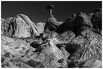 Badlands and caprock sandstone spires. Grand Staircase Escalante National Monument, Utah, USA ( black and white)