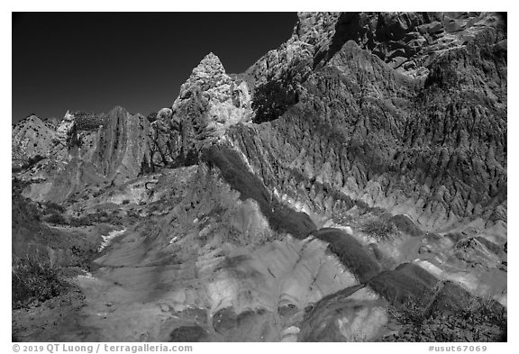 Colorful badlands along Cottonwood Canyon Road. Grand Staircase Escalante National Monument, Utah, USA (black and white)