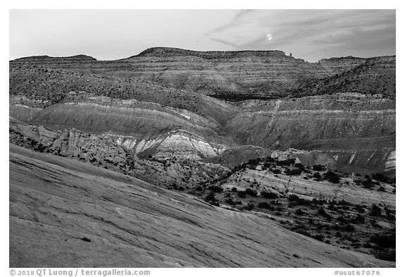 Moonrise over Cockscomb from Yellow Rock. Grand Staircase Escalante National Monument, Utah, USA (black and white)