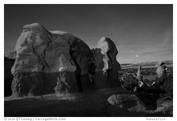 Hoodoos at night, Devils Garden. Grand Staircase Escalante National Monument, Utah, USA (black and white)