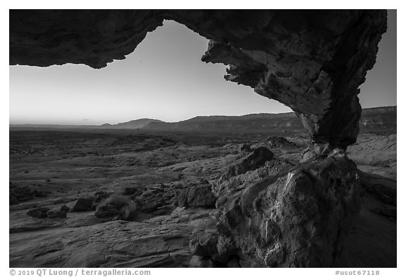 Span of Sunset Arch framing Navajo Mountain, sunrise. Grand Staircase Escalante National Monument, Utah, USA (black and white)