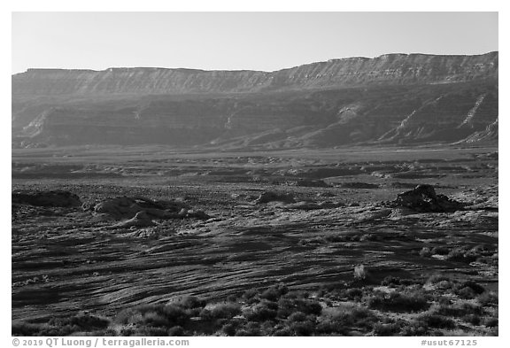 Slickrock with arches and Straight Cliffs, Fortymile Ridge. Grand Staircase Escalante National Monument, Utah, USA (black and white)