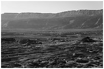 Slickrock with arches and Straight Cliffs, Fortymile Ridge. Grand Staircase Escalante National Monument, Utah, USA ( black and white)