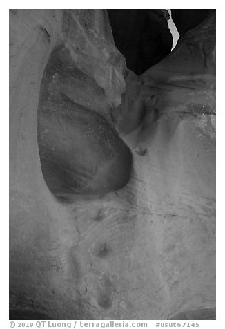 Peek-a-Boo slot canyon entrance with carved steps. Grand Staircase Escalante National Monument, Utah, USA (black and white)