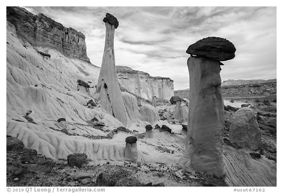 Wahweap Hoodoos and cliffs. Grand Staircase Escalante National Monument, Utah, USA (black and white)