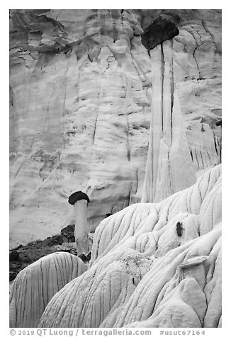 Slender caprock spires and cliff. Grand Staircase Escalante National Monument, Utah, USA (black and white)