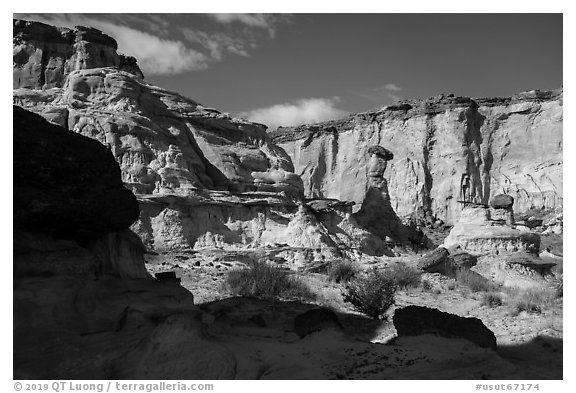 Cliff amphitheater with caprocks, Wahweap Wash. Grand Staircase Escalante National Monument, Utah, USA (black and white)