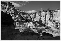 Cliff amphitheater with caprocks, Wahweap Wash. Grand Staircase Escalante National Monument, Utah, USA ( black and white)
