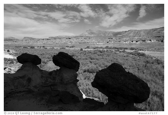 Short caprocks overlooking Wahweap Wash. Grand Staircase Escalante National Monument, Utah, USA (black and white)