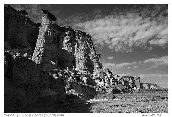 Tall caprock and cliffs bordering Wahweap Wash. Grand Staircase Escalante National Monument, Utah, USA (black and white)