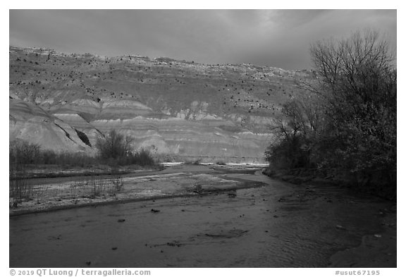 Cliffs and sunset and Paria River. Grand Staircase Escalante National Monument, Utah, USA (black and white)