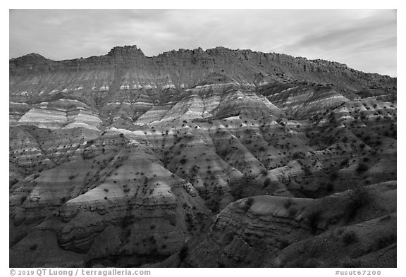 Chile formation badlands at dusk. Grand Staircase Escalante National Monument, Utah, USA (black and white)