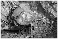 Ruin in alcove with collaposed ceiling. Bears Ears National Monument, Utah, USA ( black and white)