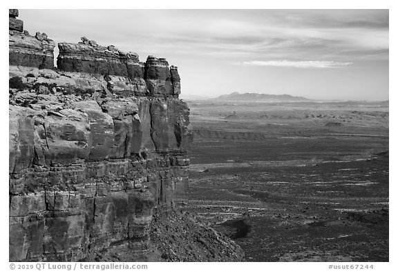 Cliff edge of Cedar Mesa above Valley of the Gods. Bears Ears National Monument, Utah, USA (black and white)