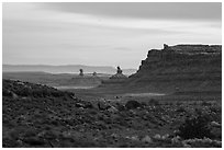 Cliff and monoliths at dusk, Valley of the Gods. Bears Ears National Monument, Utah, USA ( black and white)