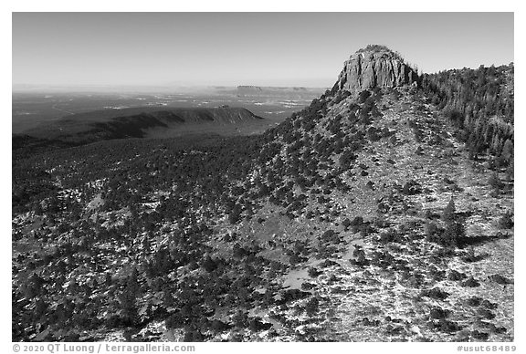 Aerial view of West Bears Ears Butte with snow. Bears Ears National Monument, Utah, USA (black and white)