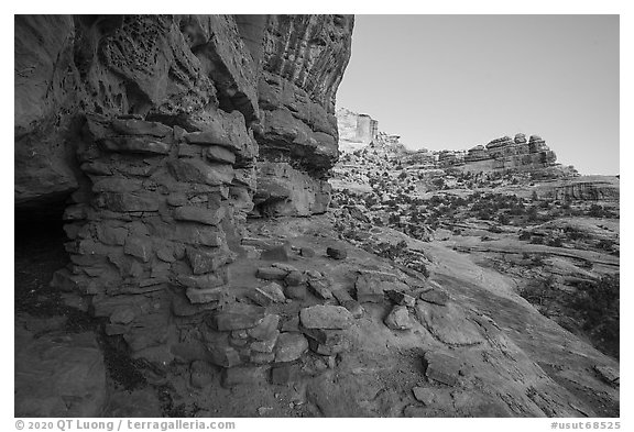 Ruined wall in Bullet Canyon at twilight. Bears Ears National Monument, Utah, USA (black and white)
