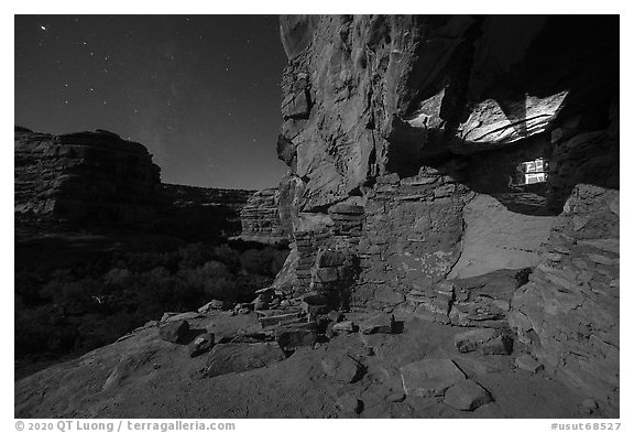 Jailhouse Ruin under moonlight with light from window. Bears Ears National Monument, Utah, USA (black and white)