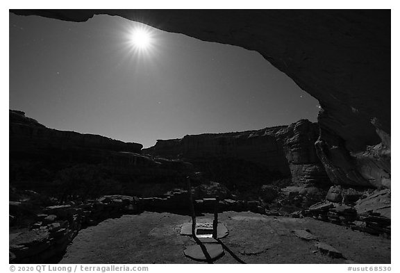 Light from Perfect Kiva and moon. Bears Ears National Monument, Utah, USA (black and white)