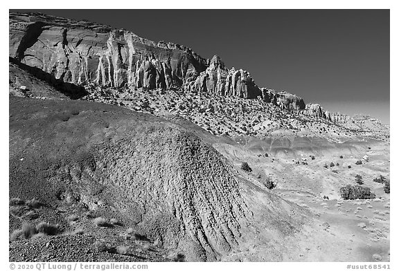 Multicolored badlands and cliffs, Burr Trail. Grand Staircase Escalante National Monument, Utah, USA (black and white)