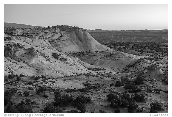 Slickrock at dawn near Heads of the Rocks. Grand Staircase Escalante National Monument, Utah, USA (black and white)
