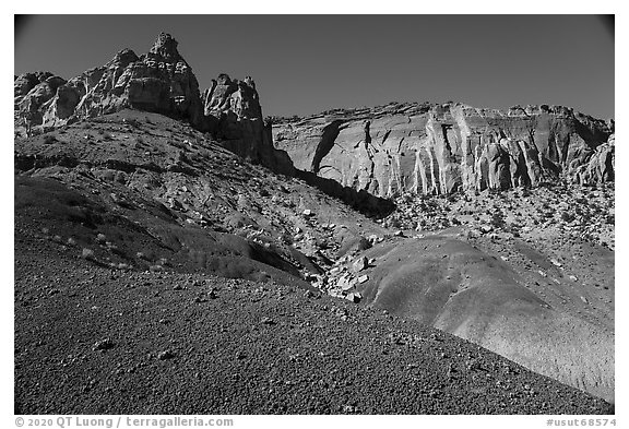 Bentonitic badlands and cliffs, Burr Trail. Grand Staircase Escalante National Monument, Utah, USA (black and white)