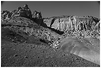 Bentonitic badlands and cliffs, Burr Trail. Grand Staircase Escalante National Monument, Utah, USA ( black and white)