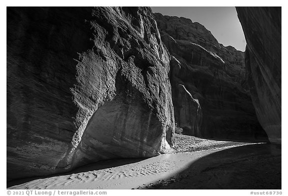 Paria River Canyon with narrow band of light. Paria Canyon Vermilion Cliffs Wilderness, Arizona, USA (black and white)