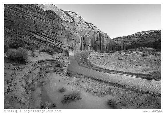 Paria River and cliffs in Paria Canyon. Grand Staircase Escalante National Monument, Utah, USA (black and white)