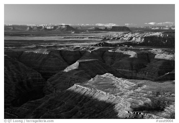 San Juan drainage from Muley Point, with Monument Valley in the background, morning. Utah, USA (black and white)