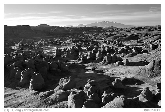 Goblin Valley from the main viewpoint, sunrise, Goblin Valley State Park. Utah, USA (black and white)