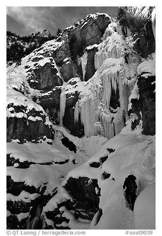 Bridalveil falls frozen in winter. Utah, USA (black and white)