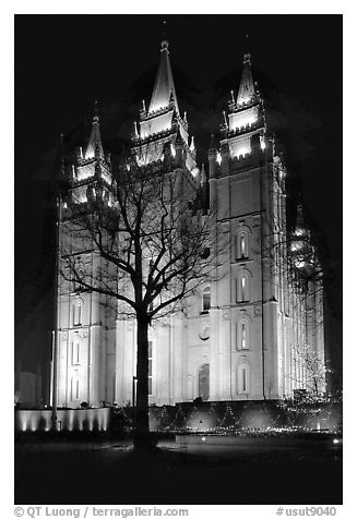 Great Mormon Temple with Christmas lights, Salt Lake City. Utah, USA