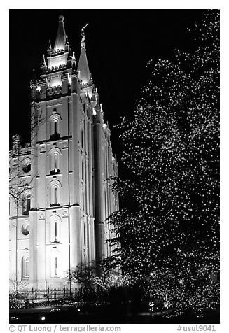 Great Mormon Temple with Christmas lights, Salt Lake City. Utah, USA (black and white)