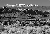 Sandstone cliffs and Henry mountains. Utah, USA (black and white)