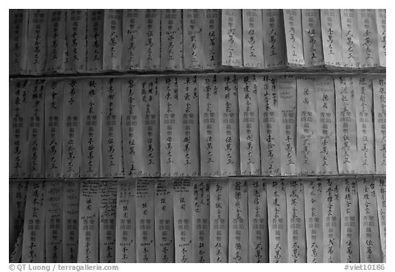 Prayer labels with names written in Chinese characters. Cholon, District 5, Ho Chi Minh City, Vietnam (black and white)